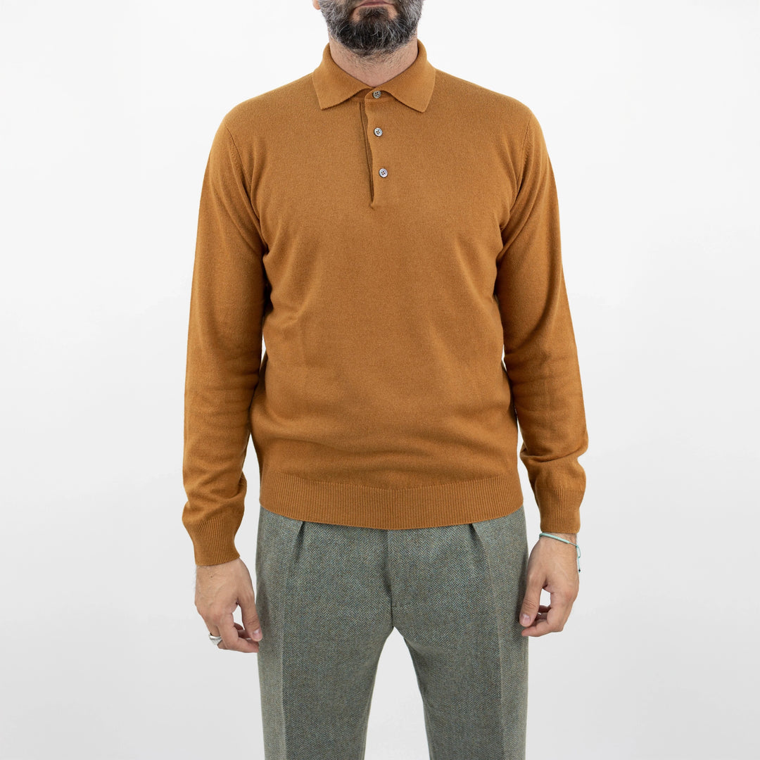 Caramel Brown Royal Merino Wool Polo Shirt - FILIPPO DE LAURENTIIS