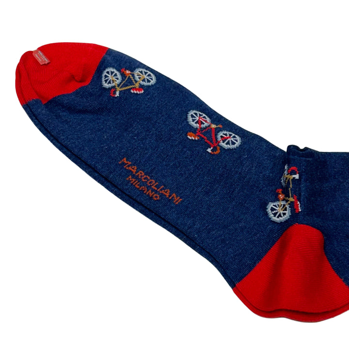Denim Blue Bike Motif Pima Cotton Mid-Calf Socks - Marcoliani - Boutique Jacques International