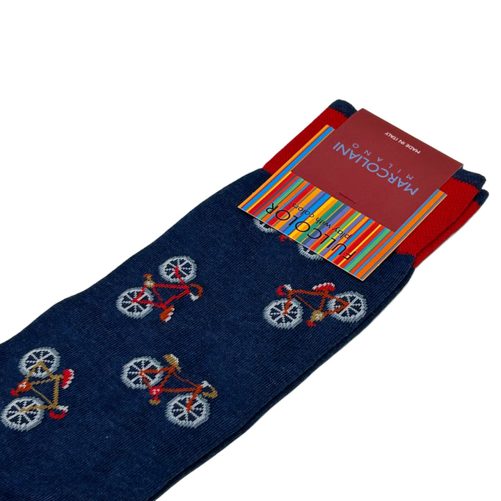 Denim Blue Bike Motif Pima Cotton Mid-Calf Socks - Marcoliani - Boutique Jacques International