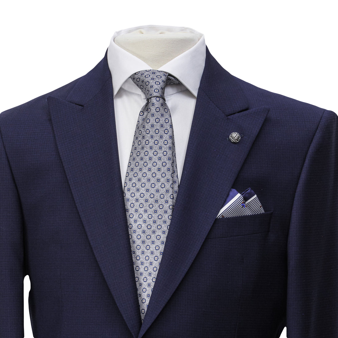 Blue Neat Check Peak Lapel Engel Modern Fit Wool Suit - Jack Victor