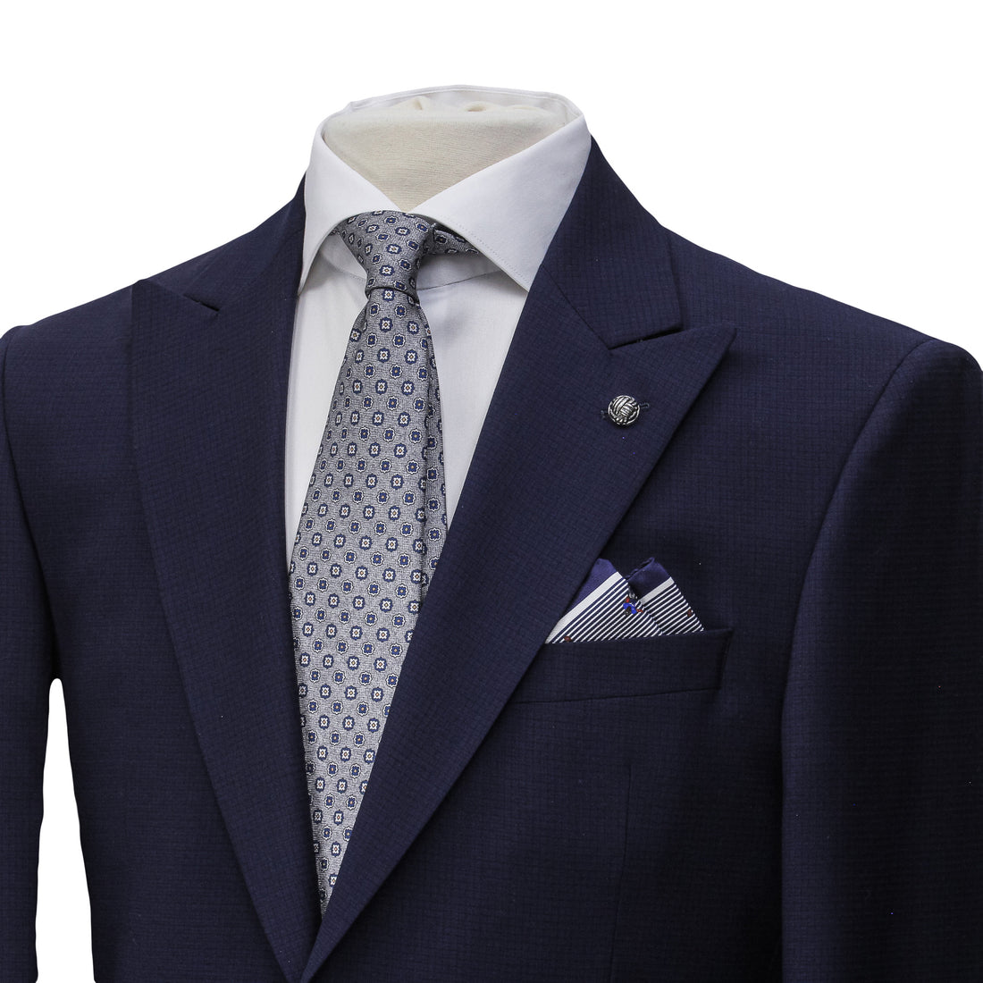 Blue Neat Check Peak Lapel Engel Modern Fit Wool Suit - Jack Victor
