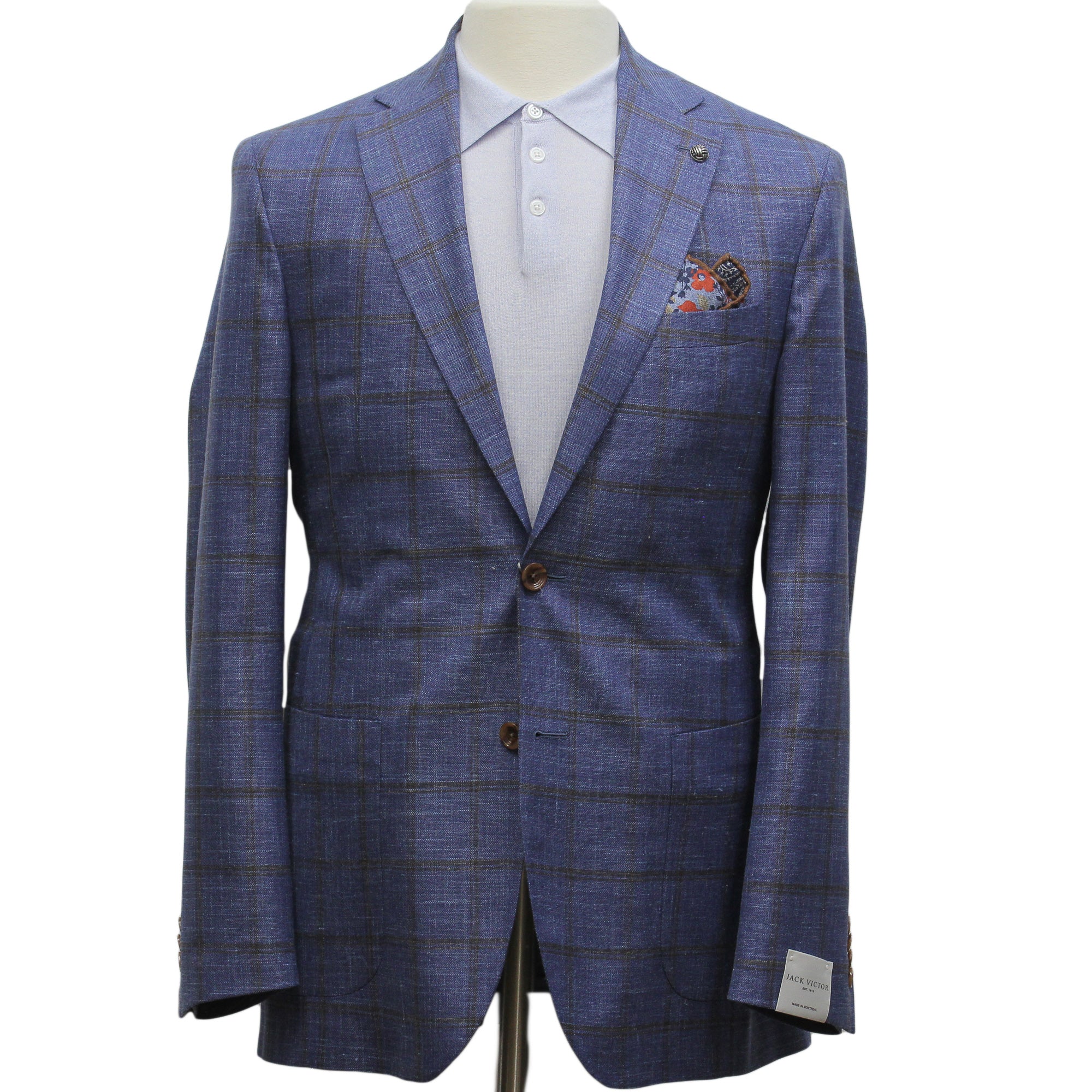 Blue & Brown Check Wool/Silk/Linen Hampton Contemporary Fit Sport Jacket - Jack Victor