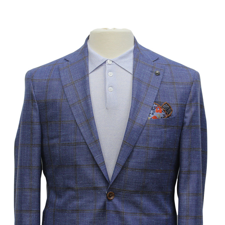 Blue & Brown Check Wool/Silk/Linen Hampton Contemporary Fit Sport Jacket - Jack Victor