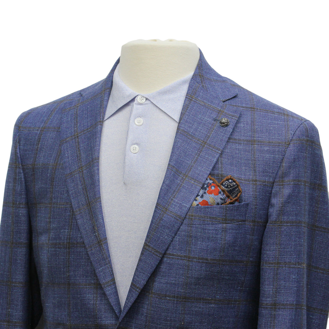 Blue & Brown Check Wool/Silk/Linen Hampton Contemporary Fit Sport Jacket - Jack Victor