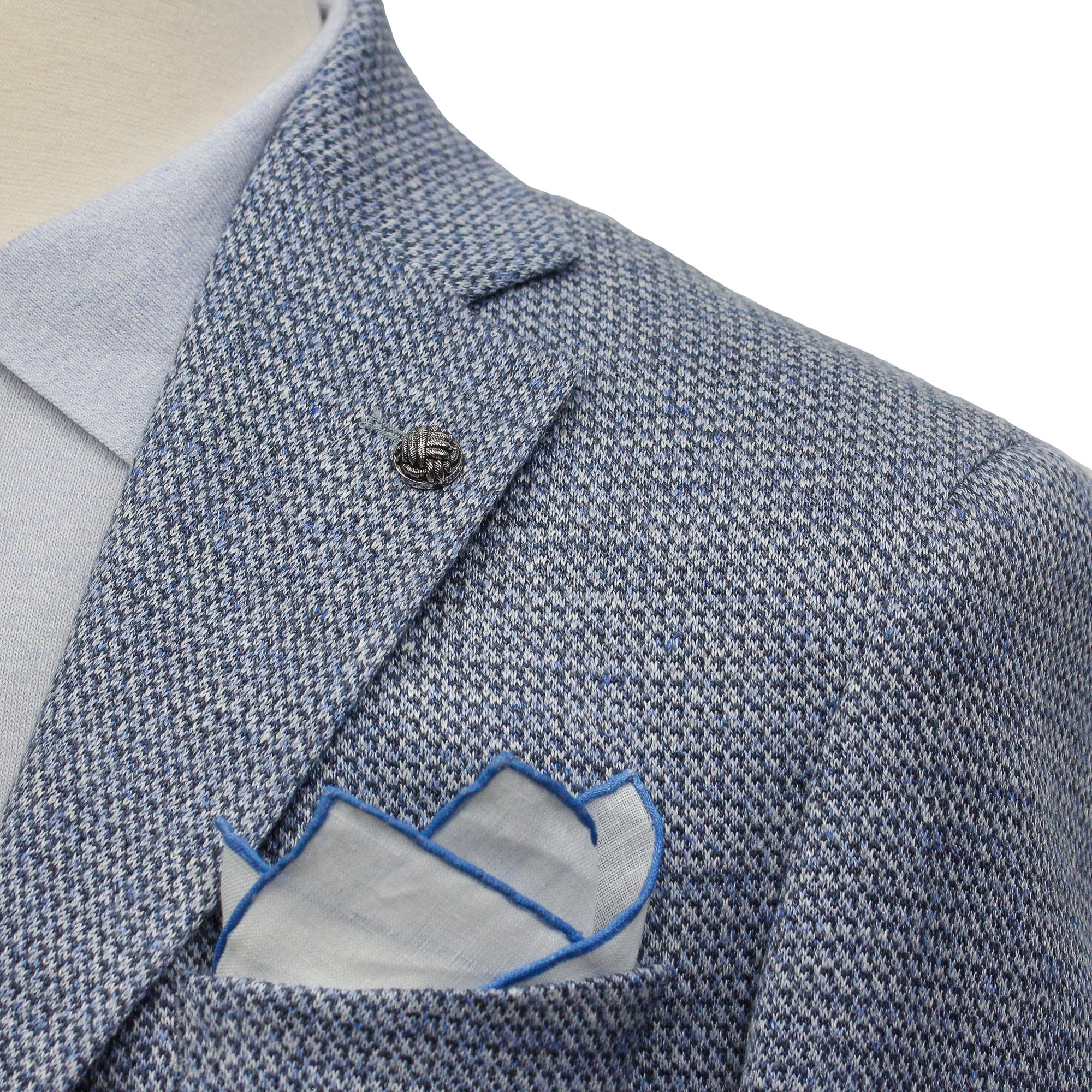 White with Mid-Blue Detail Linen Pocket Square - ETON
