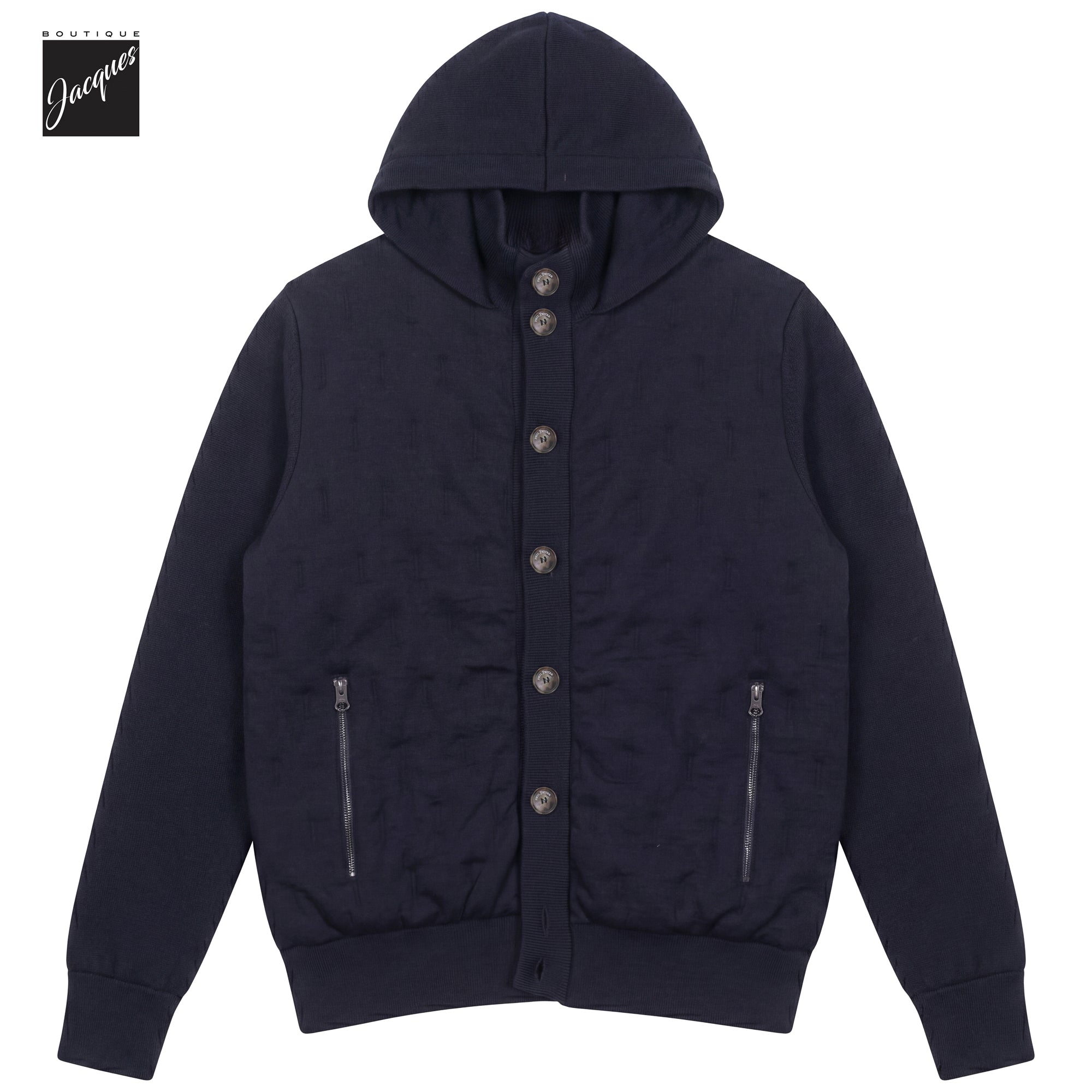 Navy blue merino wool hooded hybrid jacket by Phil Petter