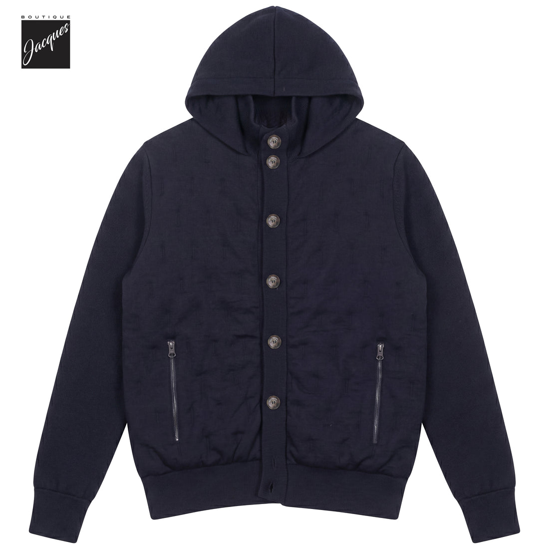 Navy blue merino wool hooded hybrid jacket by Phil Petter