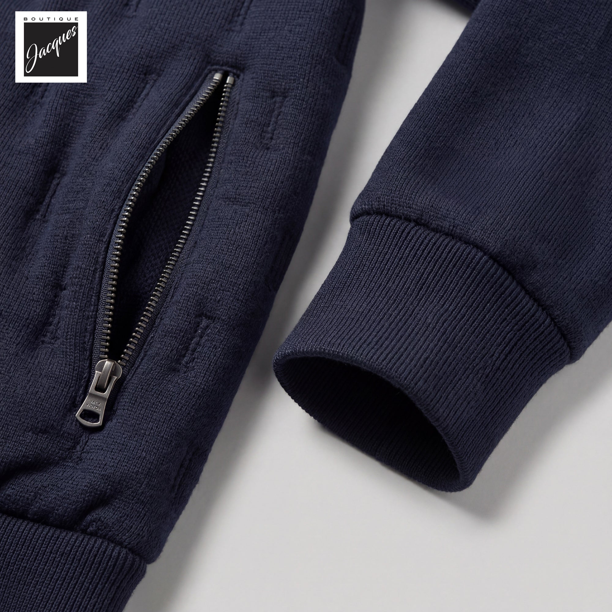Navy blue merino wool hooded hybrid jacket by Phil Petter