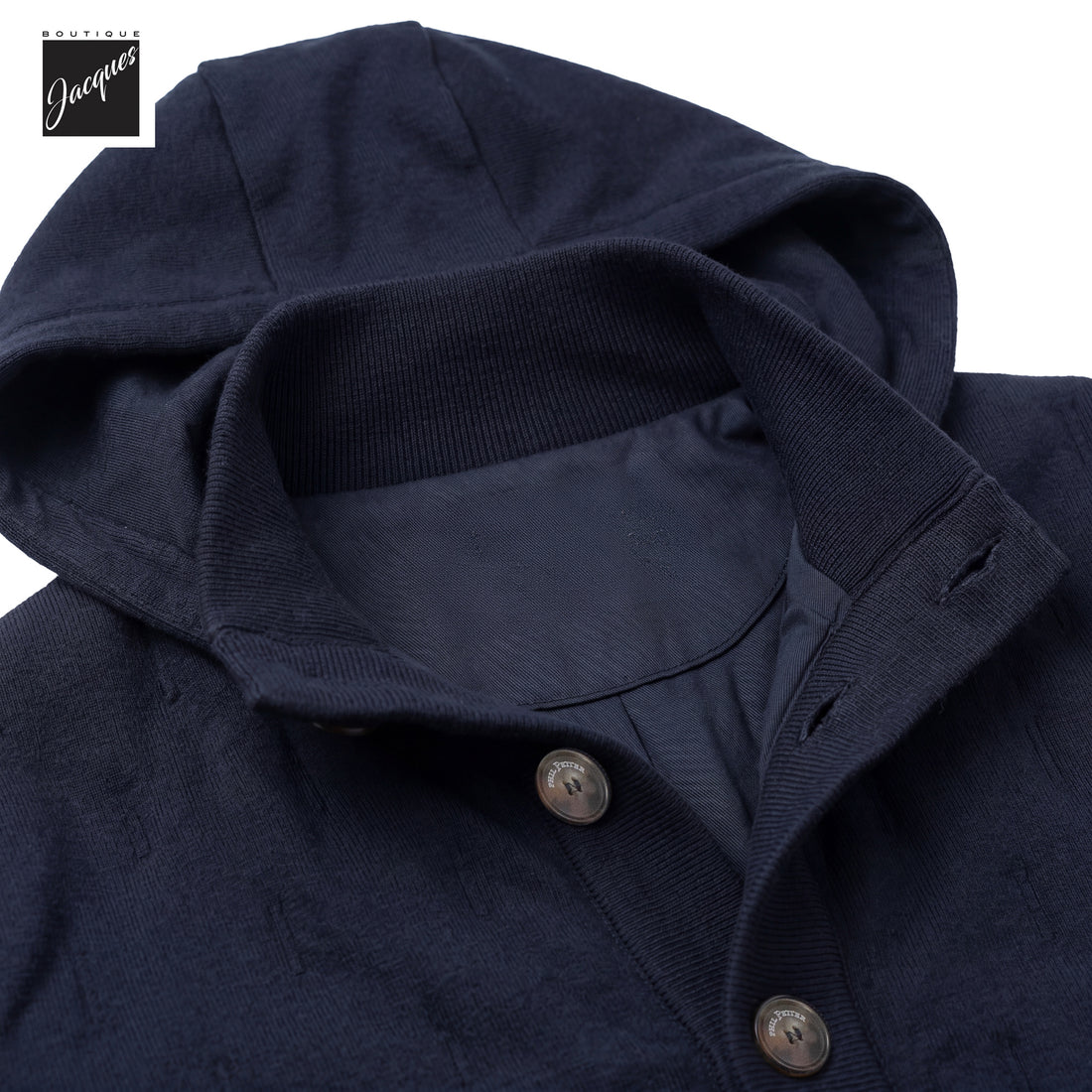 Navy blue merino wool hooded hybrid jacket by Phil Petter