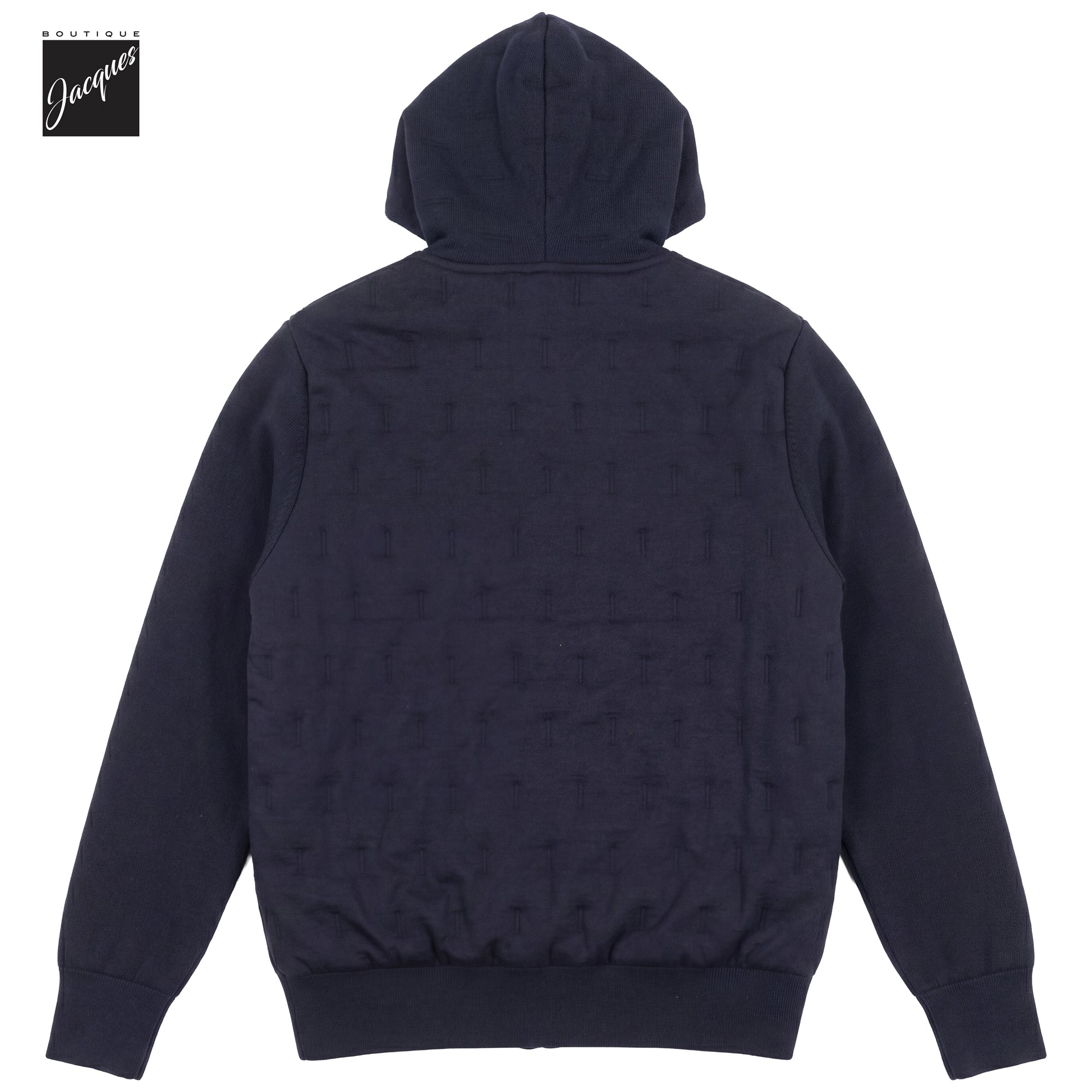 Navy blue merino wool hooded hybrid jacket by Phil Petter