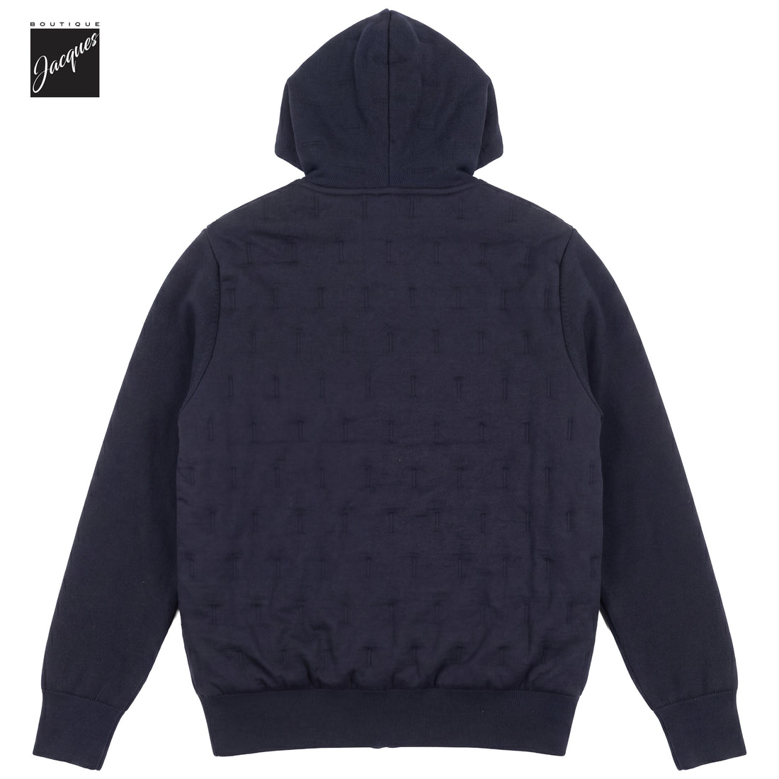 Navy blue merino wool hooded hybrid jacket by Phil Petter