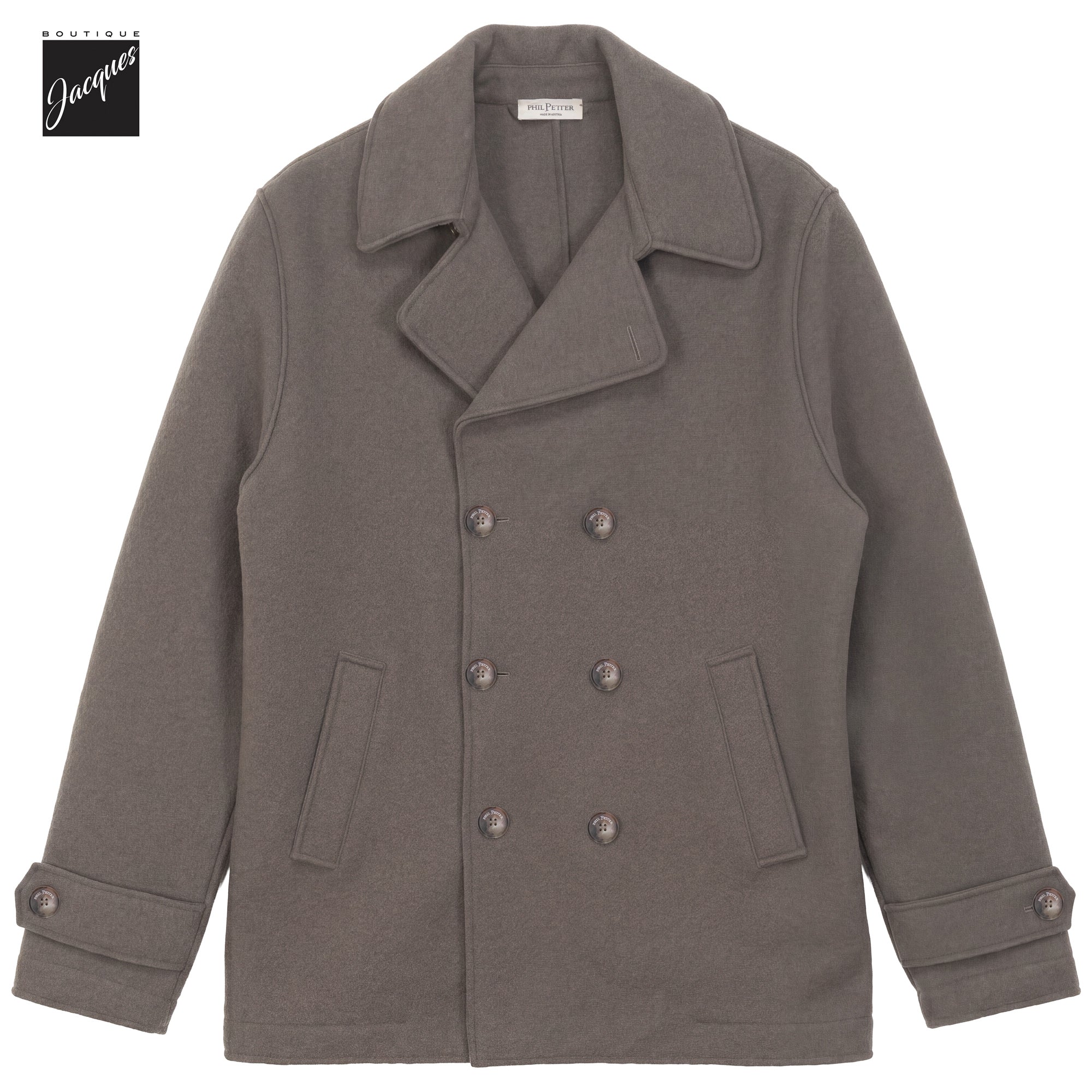 Taupe boiled wool laser-cut double-breasted caban coat by Phil Petter