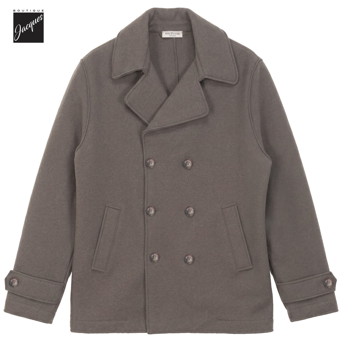 Taupe boiled wool laser-cut double-breasted caban coat by Phil Petter