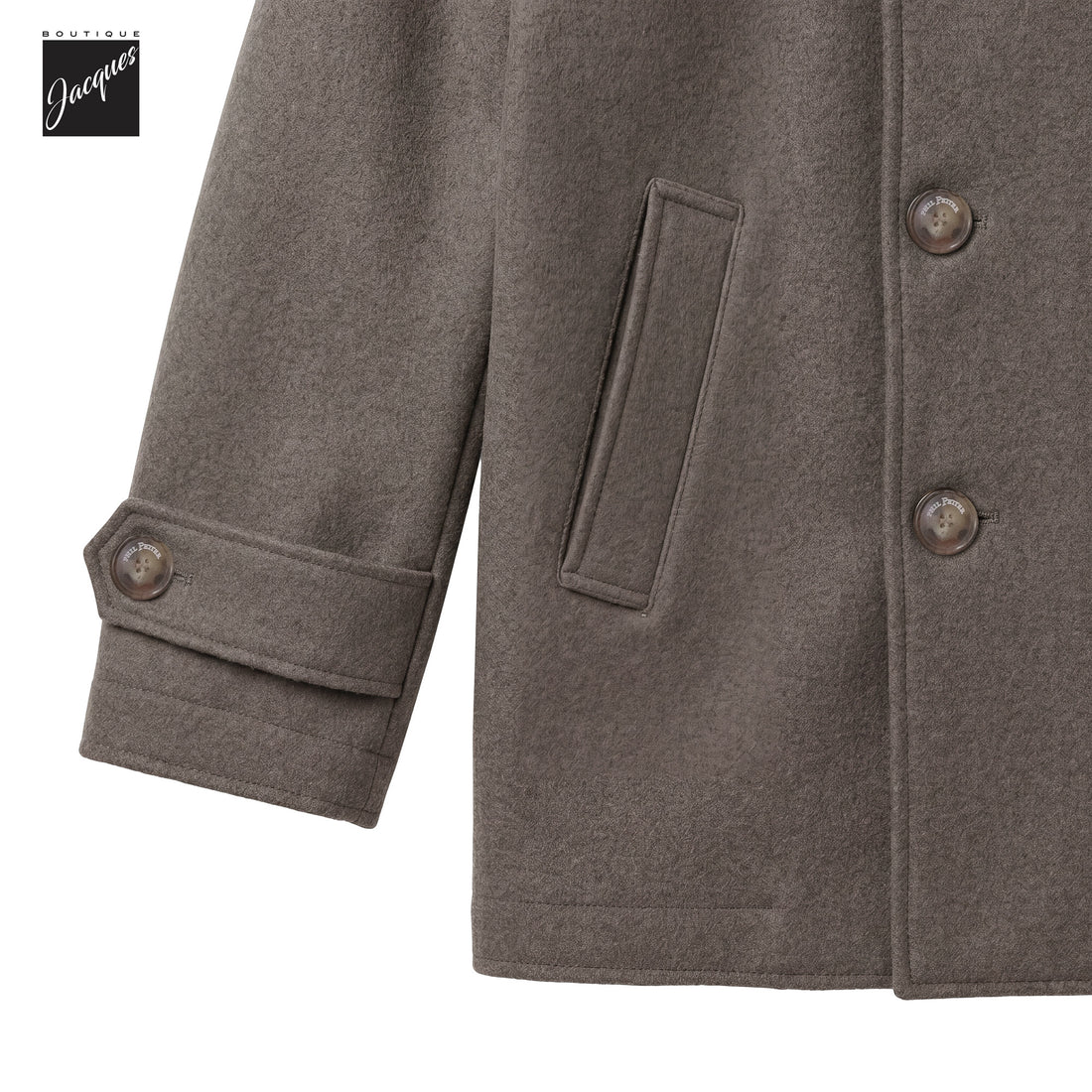 Taupe boiled wool laser-cut double-breasted caban coat by Phil Petter