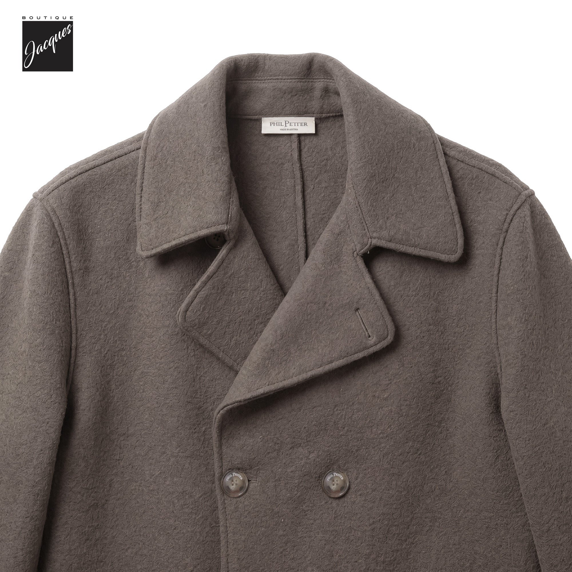 Taupe boiled wool laser-cut double-breasted caban coat by Phil Petter