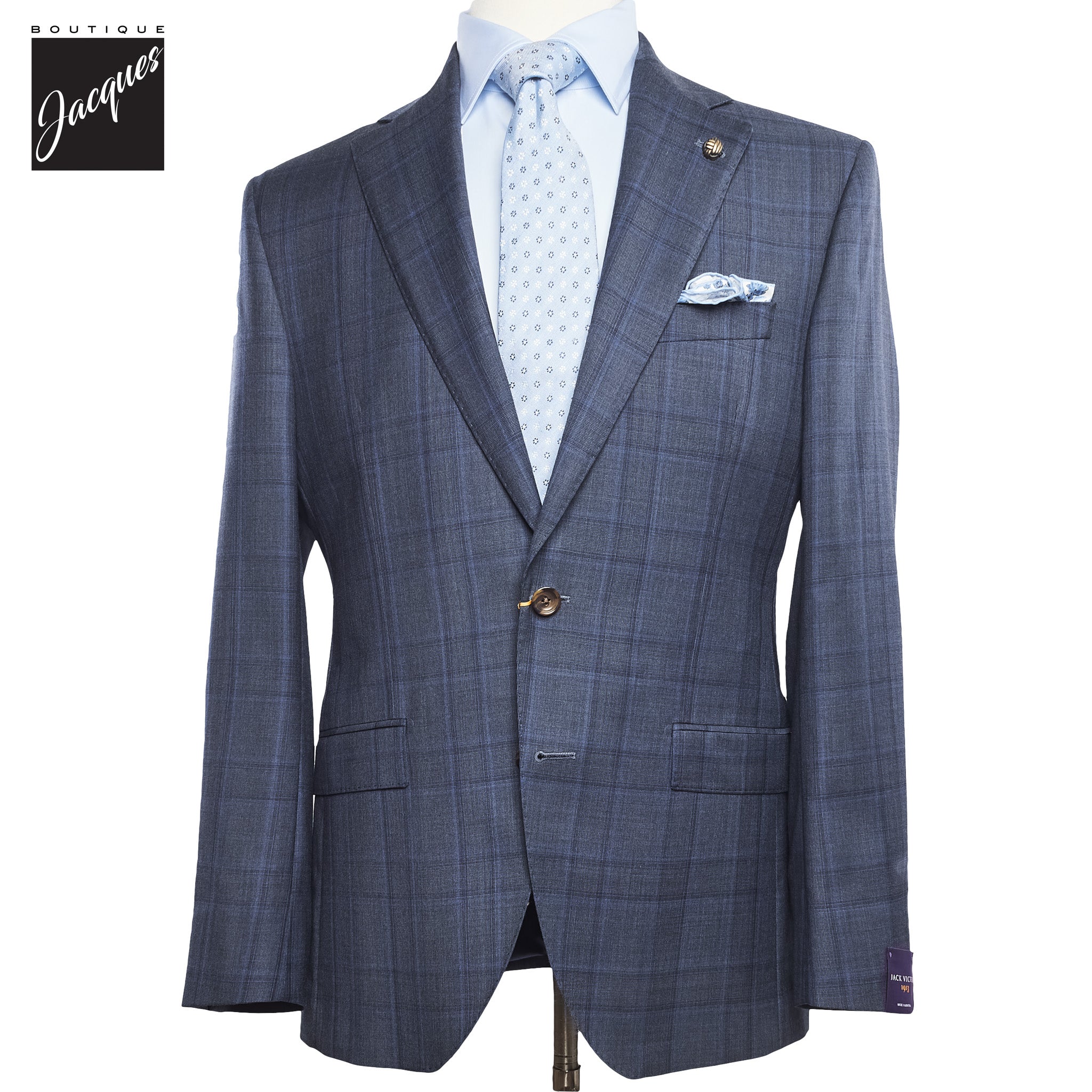Gray with Blue Check Essence Modern Fit Loro Piana Wool Suit - Jack Victor 1913 - Boutique Jacques International