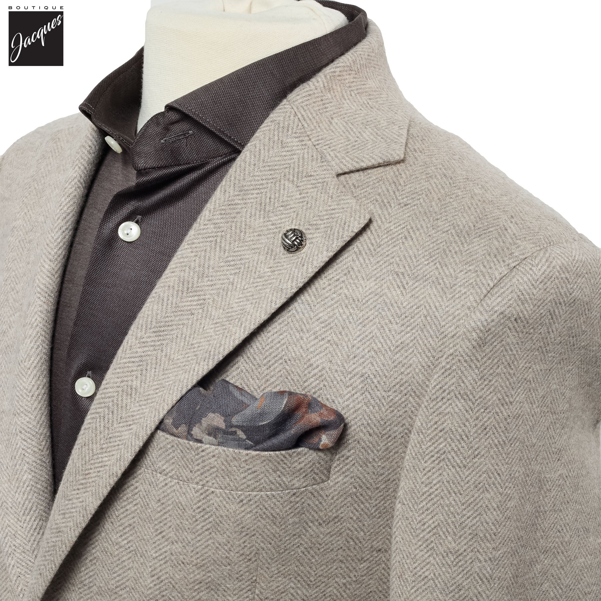 Beige Herringbone Cashmere Silk Hartford Contemporary Fit Unconstructed Sport Jacket - Jack Victor