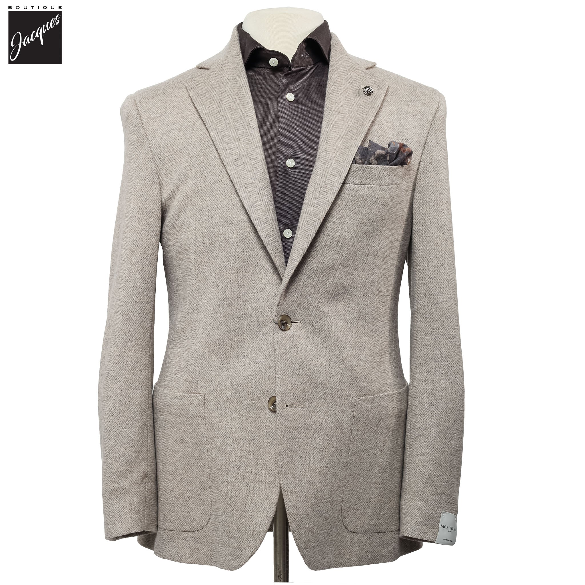 Beige Herringbone Cashmere Silk Hartford Contemporary Fit Unconstructed Sport Jacket - Jack Victor