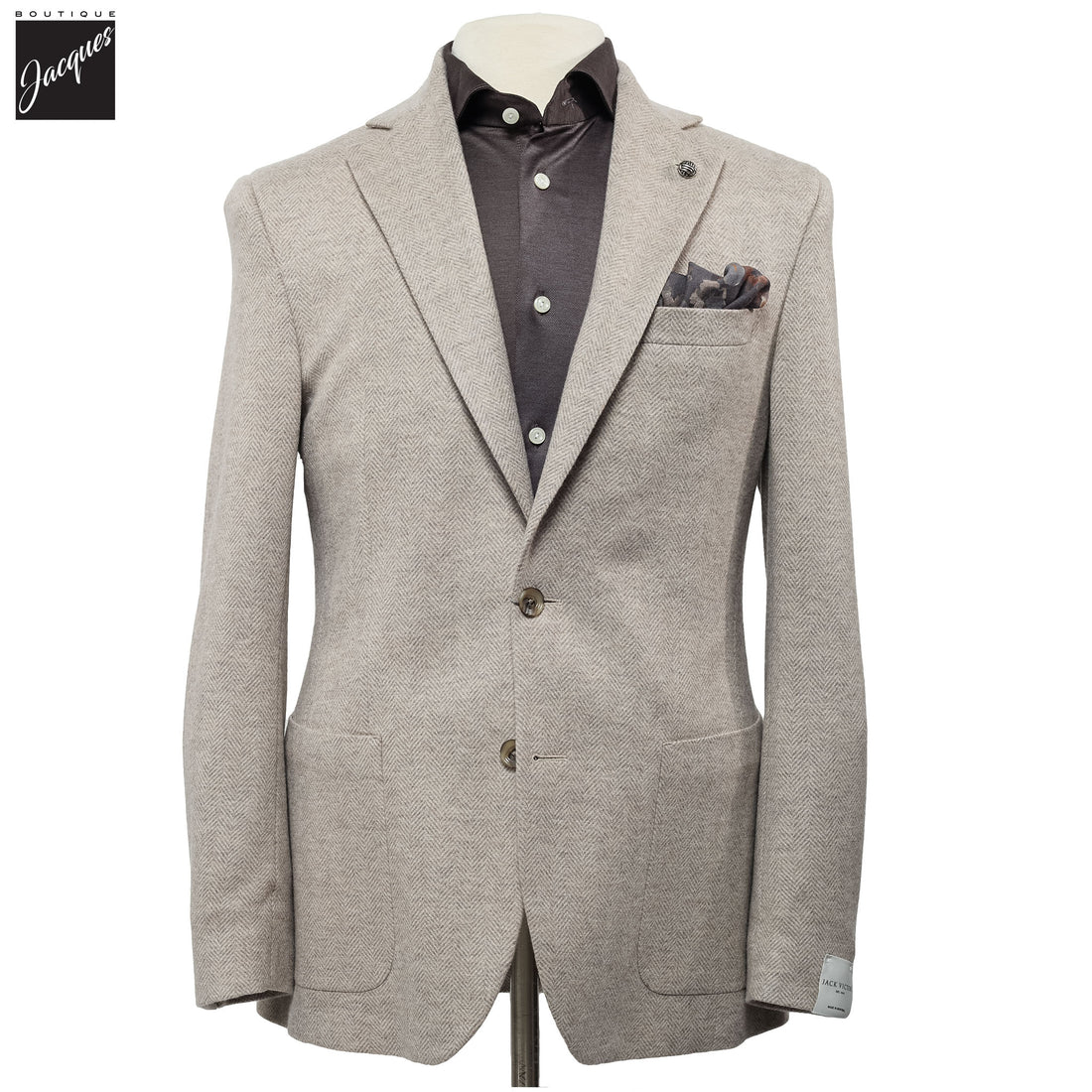 Beige Herringbone Cashmere Silk Hartford Contemporary Fit Unconstructed Sport Jacket - Jack Victor