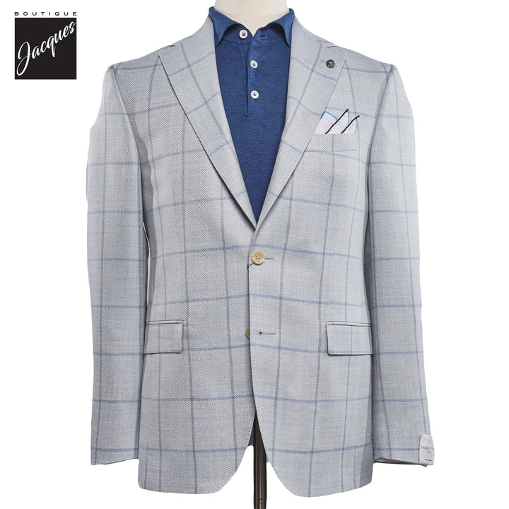 Pale Blue Windowpane Wool/Silk/Linen McAllen Contemporary Fit Sport Jacket - Jack Victor
