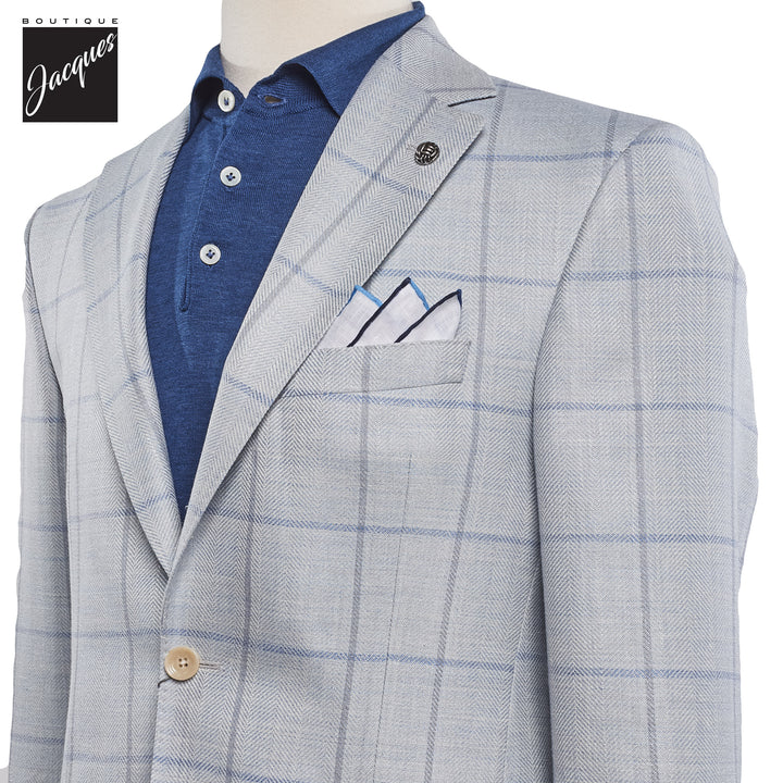 Pale Blue Windowpane Wool/Silk/Linen McAllen Contemporary Fit Sport Jacket - Jack Victor