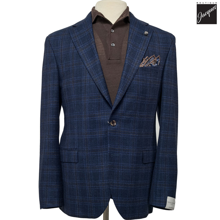 Dark Blue Check Wool-Silk-Cashmere Midland Contemporary Fit Sport Jacket - Jack Victor - Boutique Jacques International