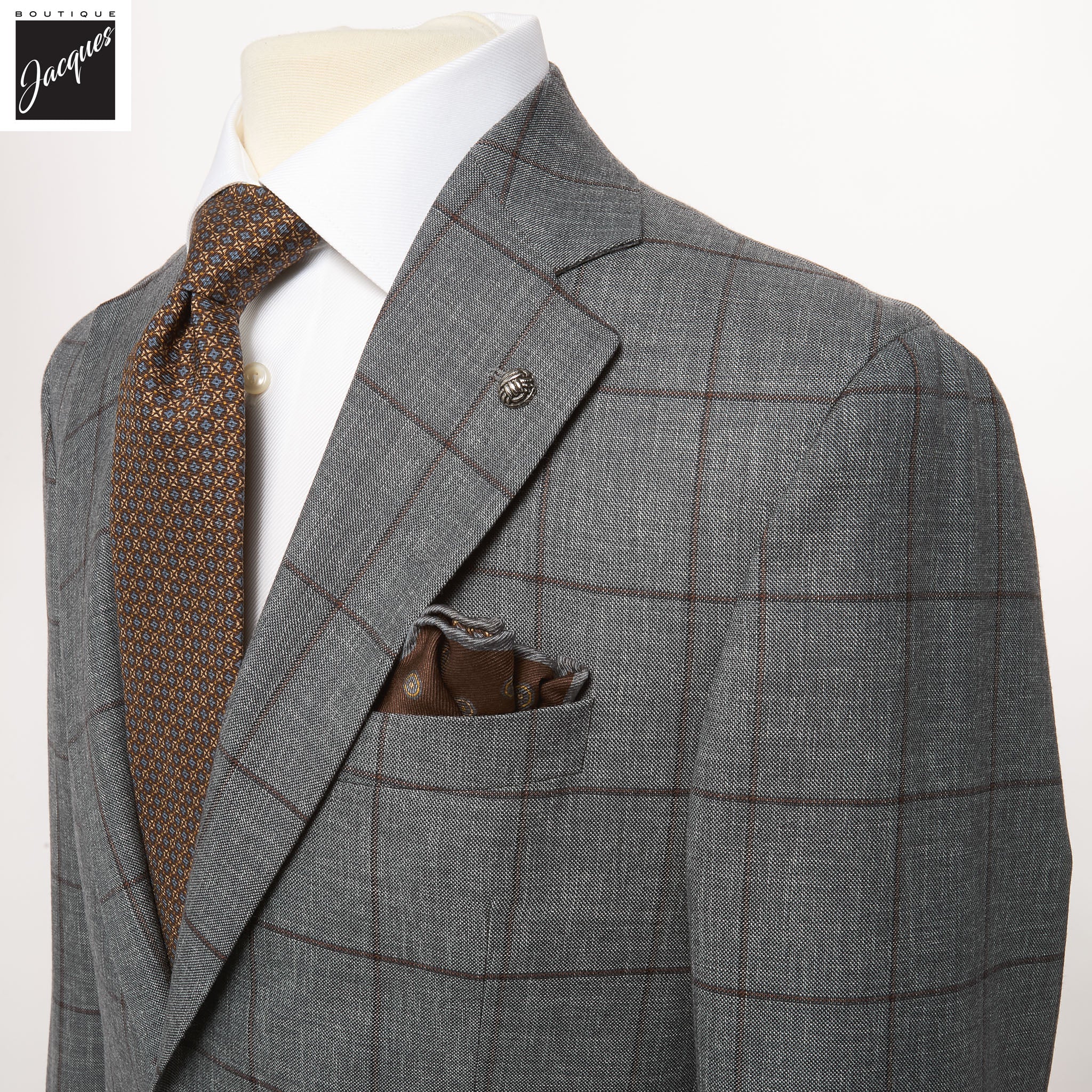 Gray & Brown Windowpane Montana Contemporary Fit Wool Suit - Jack Victor - Boutique Jacques International