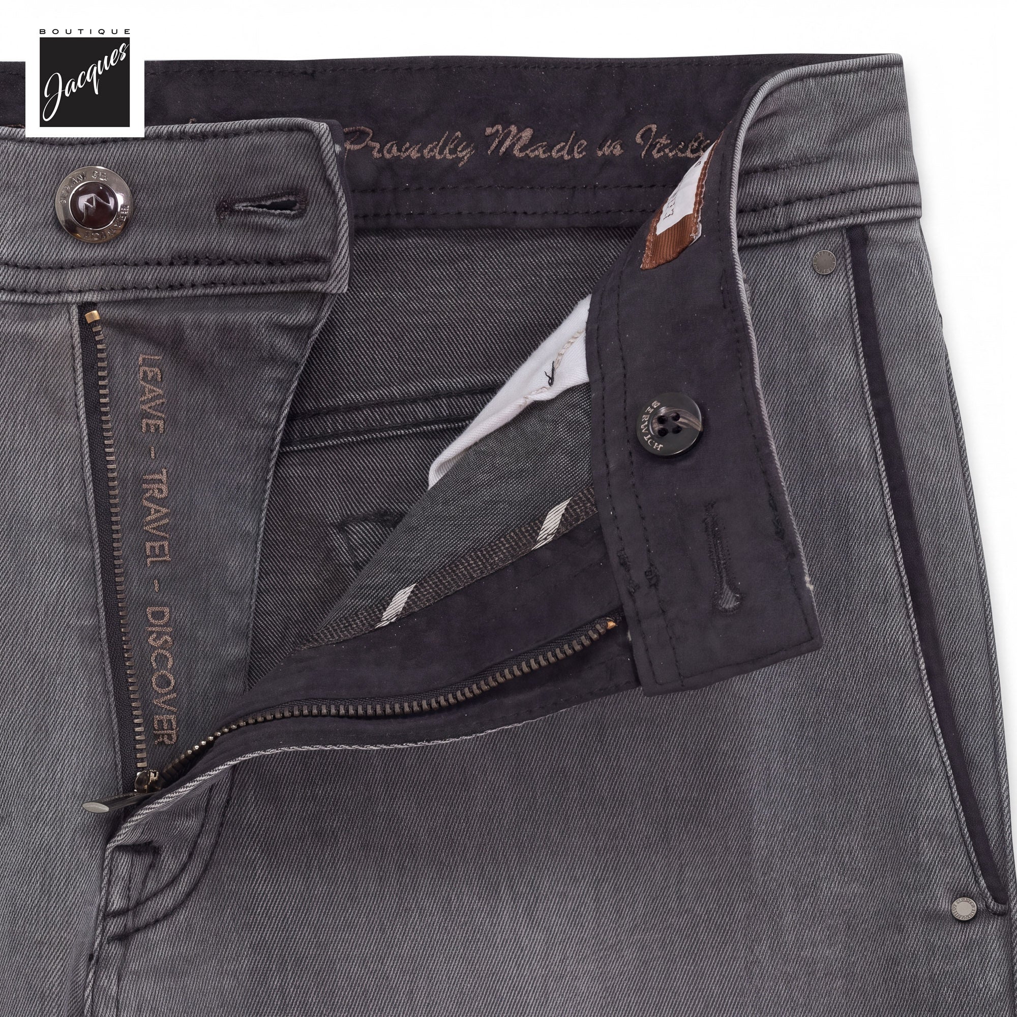 Washed Gray/Black Cotton-Blend Stretch Selvedge Denim Trouser - Berwich - Boutique Jacques International