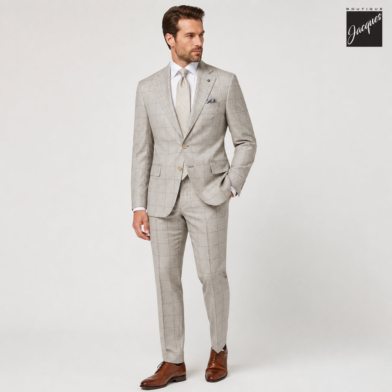 Oatmeal Windowpane Super 150's Wool Mason Contemporary Fit Suit - Jack Victor 1913