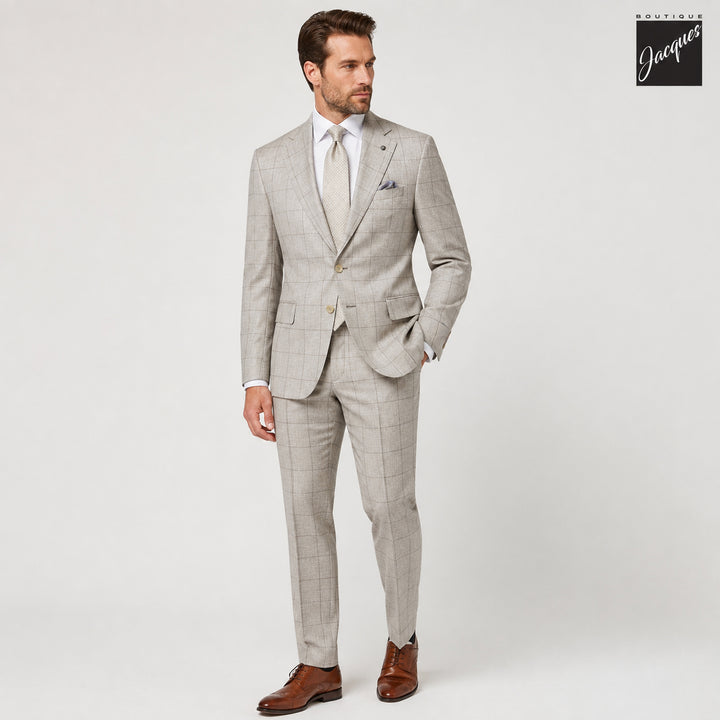 Oatmeal Windowpane Super 150's Wool Mason Contemporary Fit Suit - Jack Victor 1913