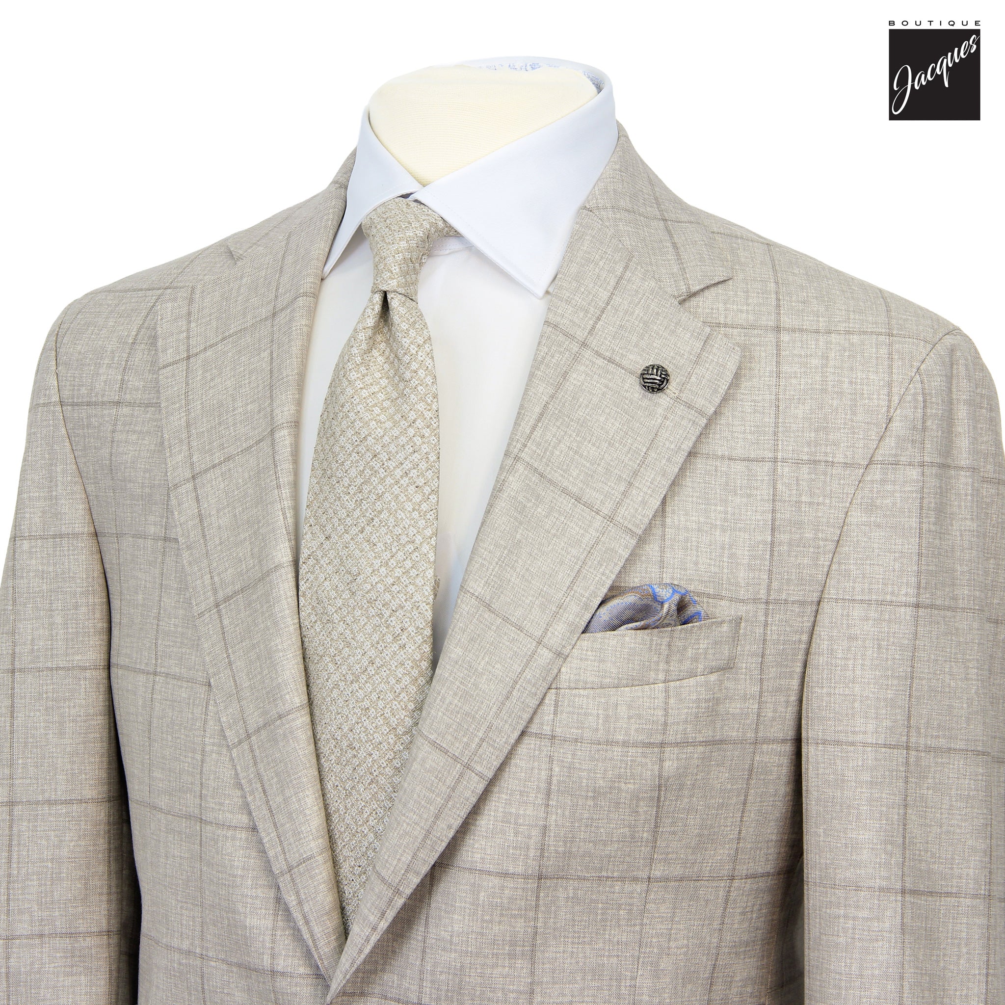 Oatmeal Windowpane Super 150's Wool Mason Contemporary Fit Suit - Jack Victor 1913