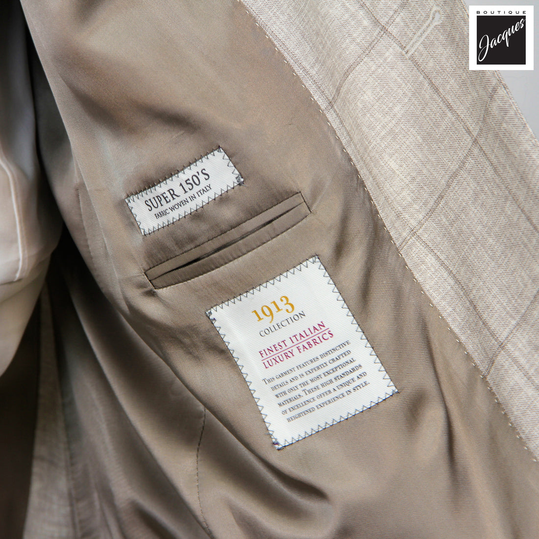 Oatmeal Windowpane Super 150's Wool Mason Contemporary Fit Suit - Jack Victor 1913