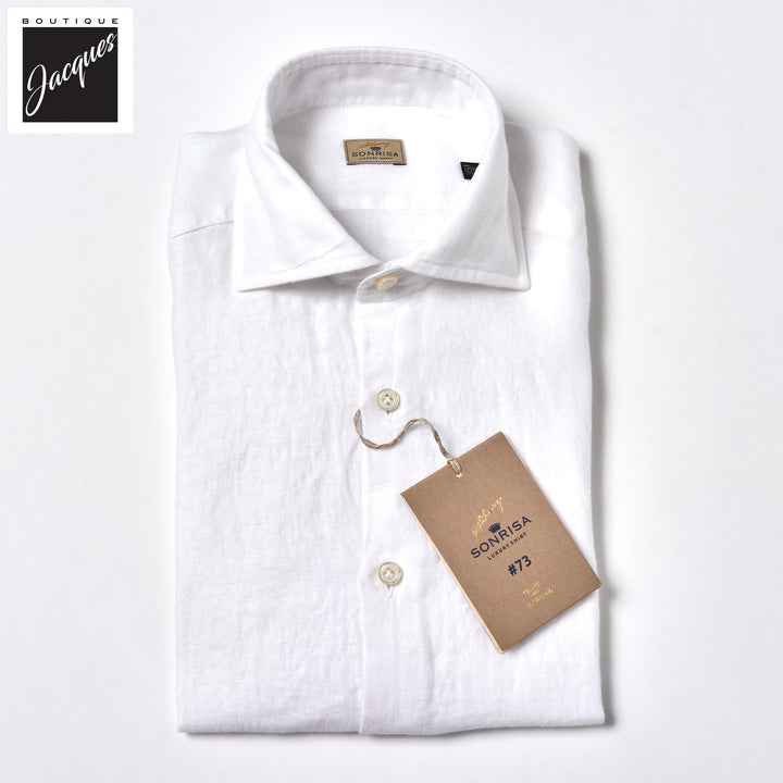 White Garment-Dyed Linen Modern Fit Casual Shirt - SONRISA