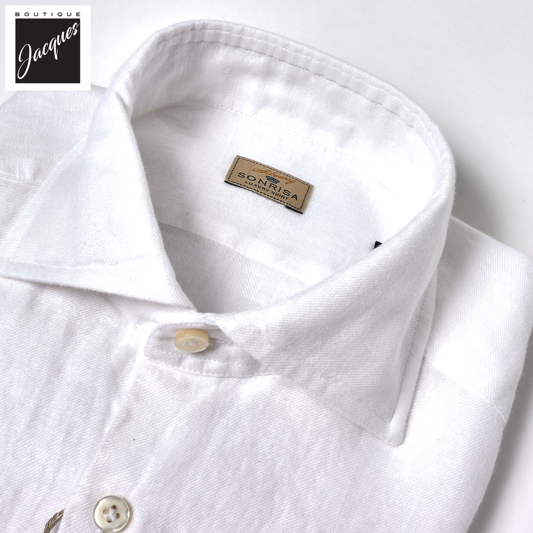 White Garment-Dyed Linen Modern Fit Casual Shirt - SONRISA