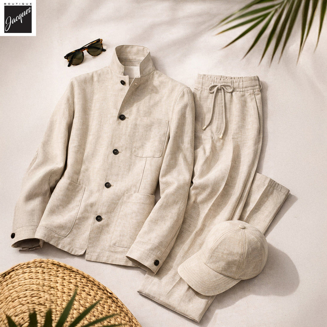 Ecru Linen Stand-Up Collar Sport Jacket - FRADI - Boutique Jacques International
