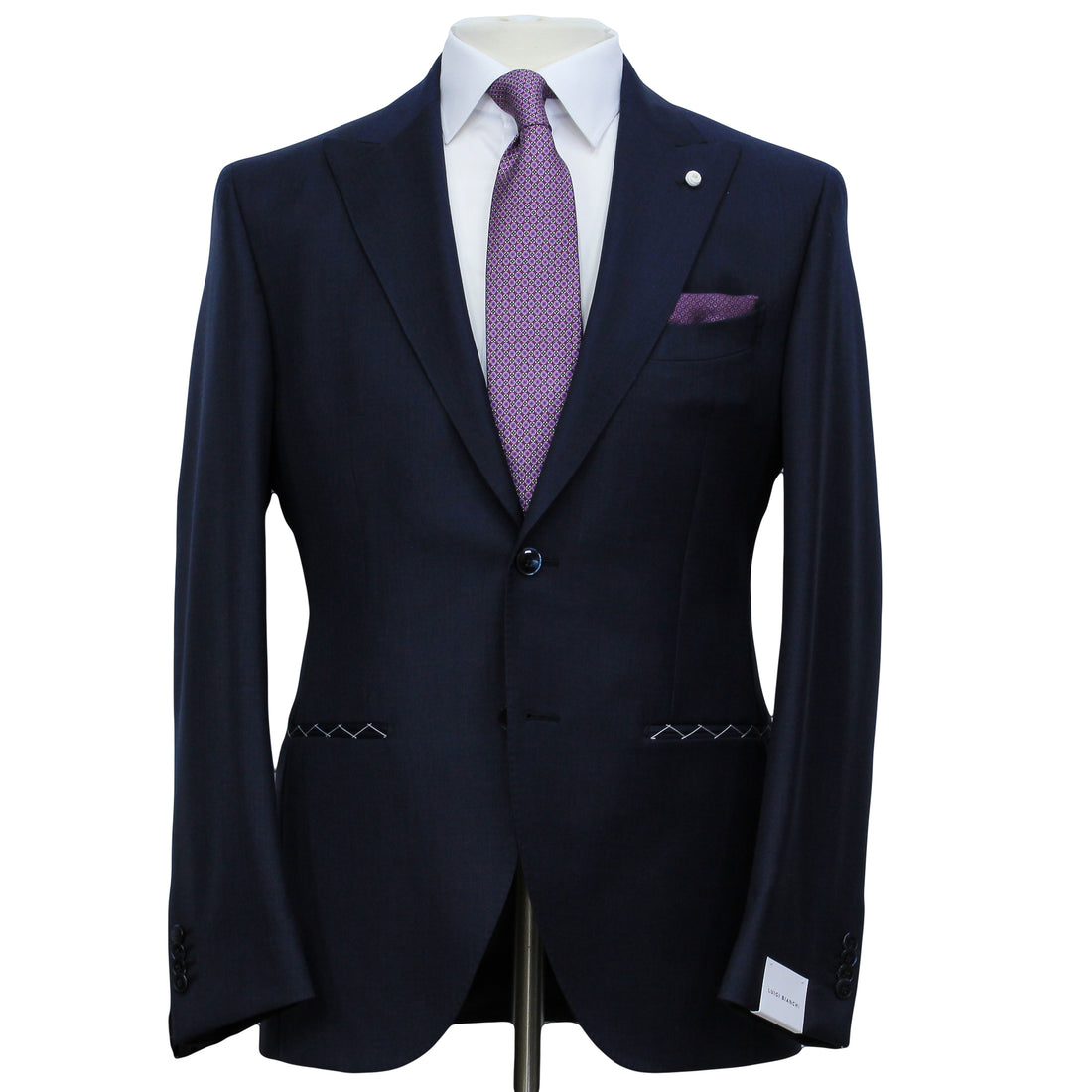 Navy Blue Nailhead Wool Mantua Slim Fit Suit Peak Lapel - Luigi Bianchi