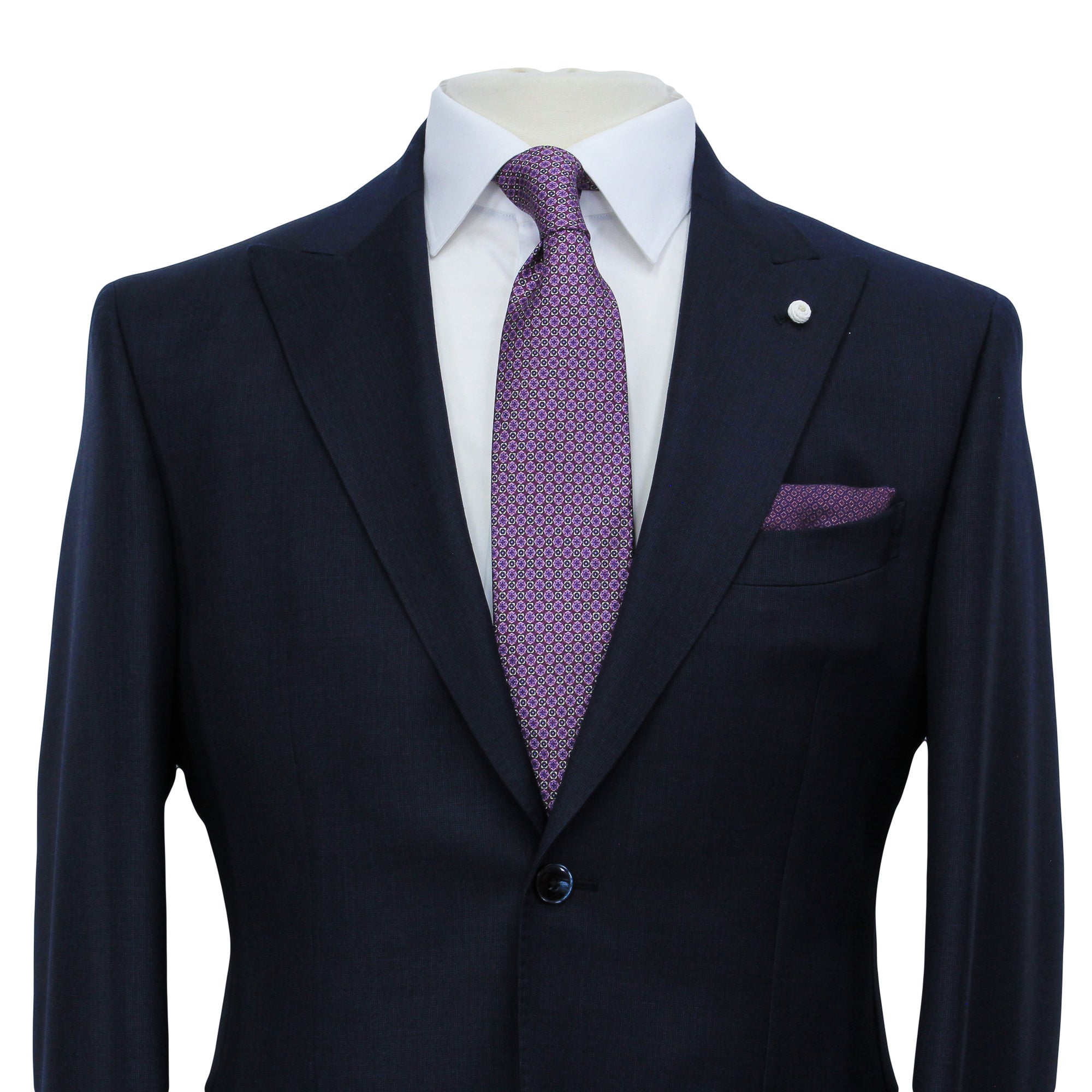 Navy Blue Nailhead Wool Mantua Slim Fit Suit Peak Lapel - Luigi Bianchi