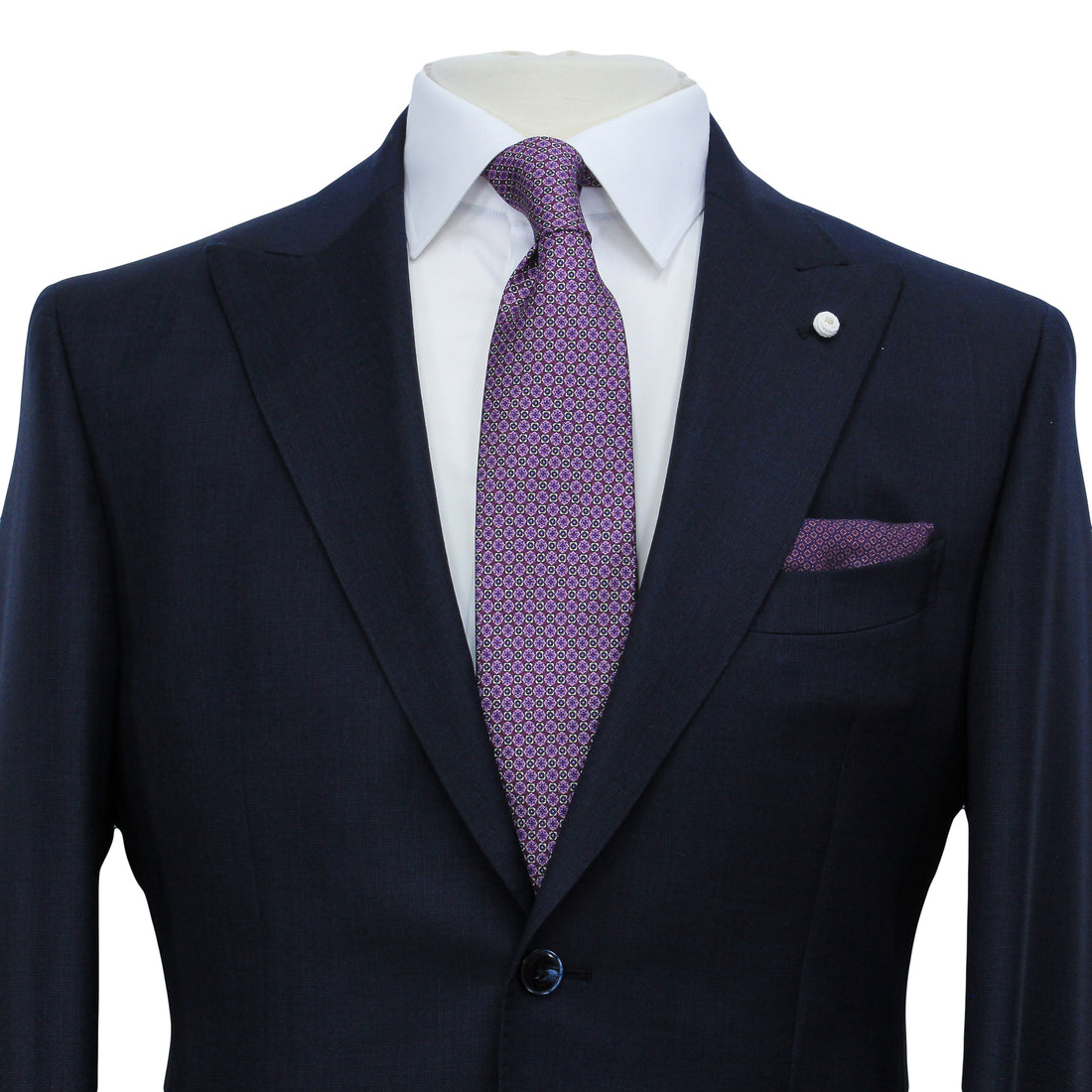 Navy Blue Nailhead Wool Mantua Slim Fit Suit Peak Lapel - Luigi Bianchi
