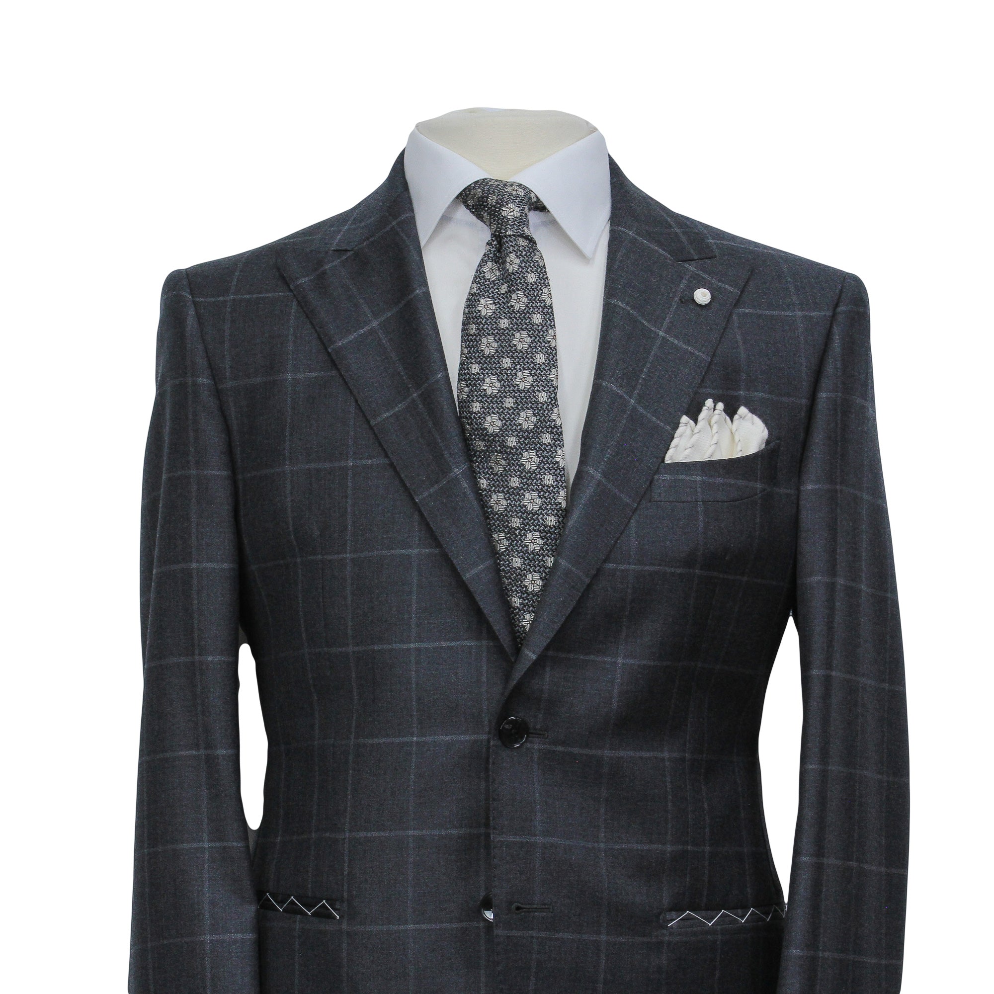 Gray Windowpane Wool Mantua Slim Fit Suit Peak Lapel - Luigi Bianchi