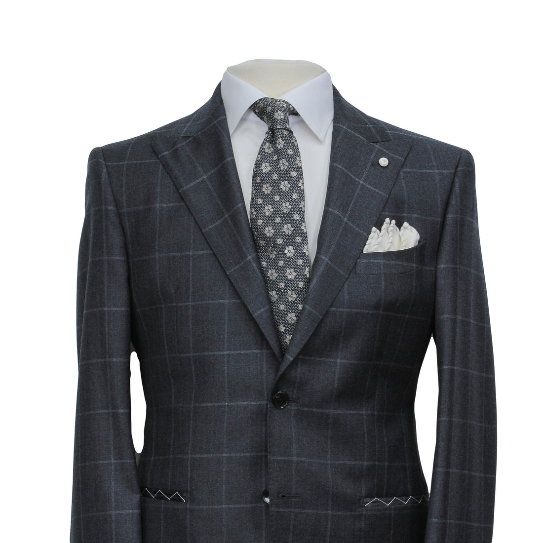 Gray Windowpane Wool Mantua Slim Fit Suit Peak Lapel - Luigi Bianchi