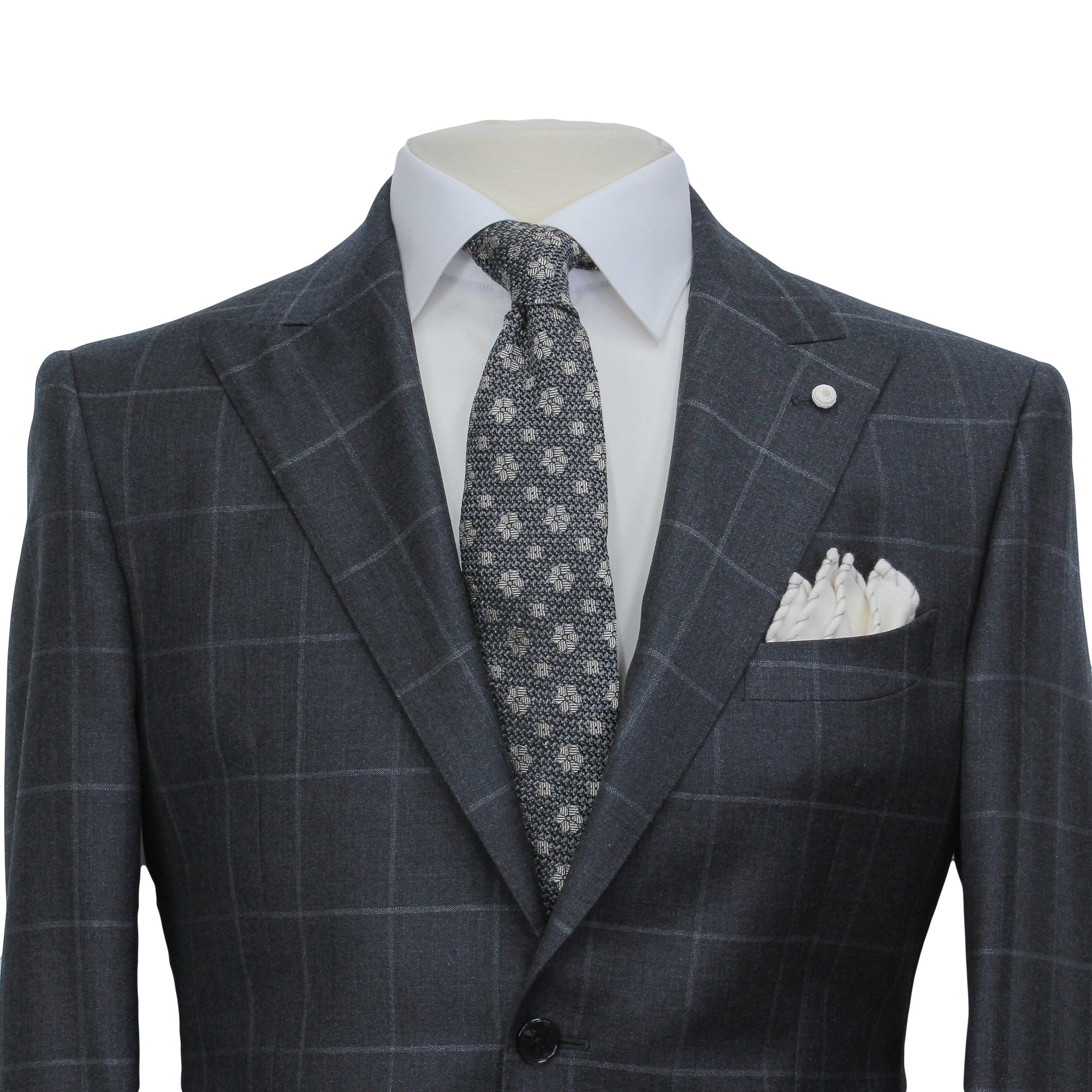 Gray Windowpane Wool Mantua Slim Fit Suit Peak Lapel - Luigi Bianchi