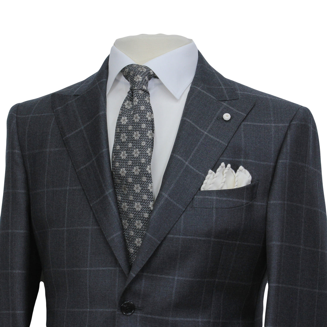 Gray Windowpane Wool Mantua Slim Fit Suit Peak Lapel - Luigi Bianchi