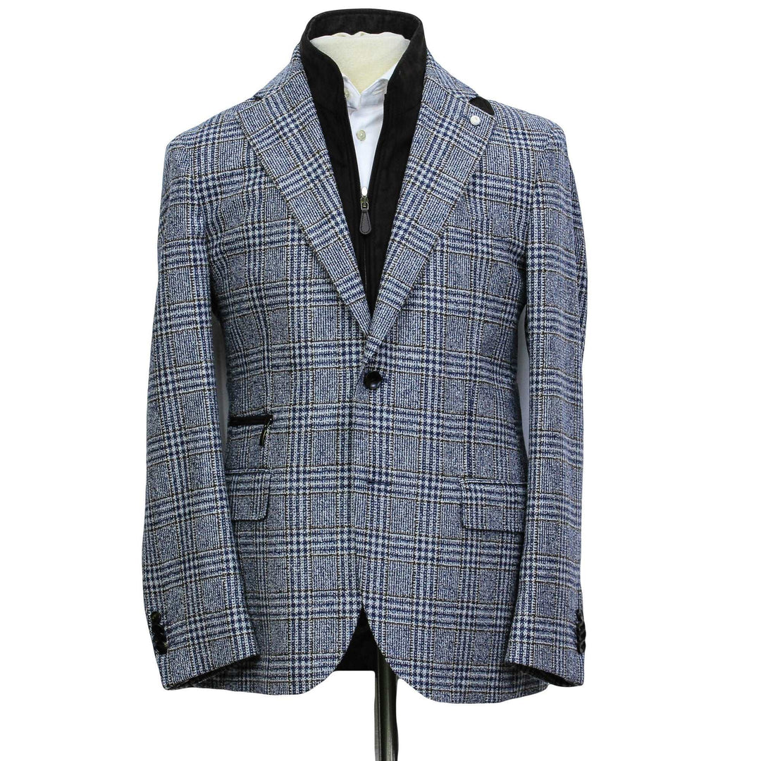 Blue & Brown Prince-of-Wales Wool Hybrid Sport Jacket with Bib - Luigi Bianchi