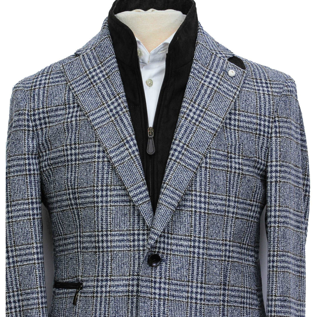 Blue & Brown Prince-of-Wales Wool Hybrid Sport Jacket with Bib - Luigi Bianchi