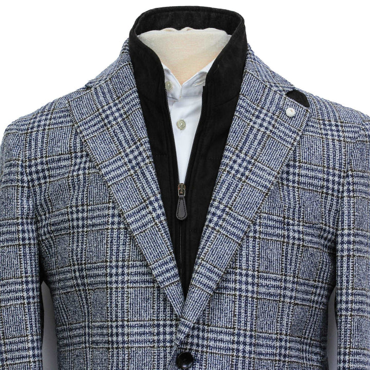 Blue & Brown Prince-of-Wales Wool Hybrid Sport Jacket with Bib - Luigi Bianchi