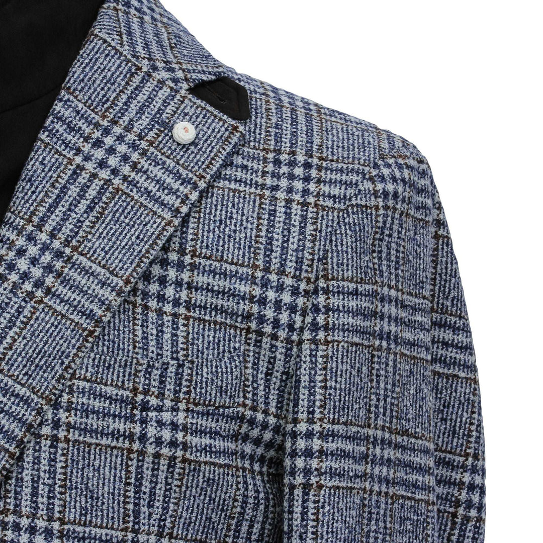 Blue & Brown Prince-of-Wales Wool Hybrid Sport Jacket with Bib - Luigi Bianchi