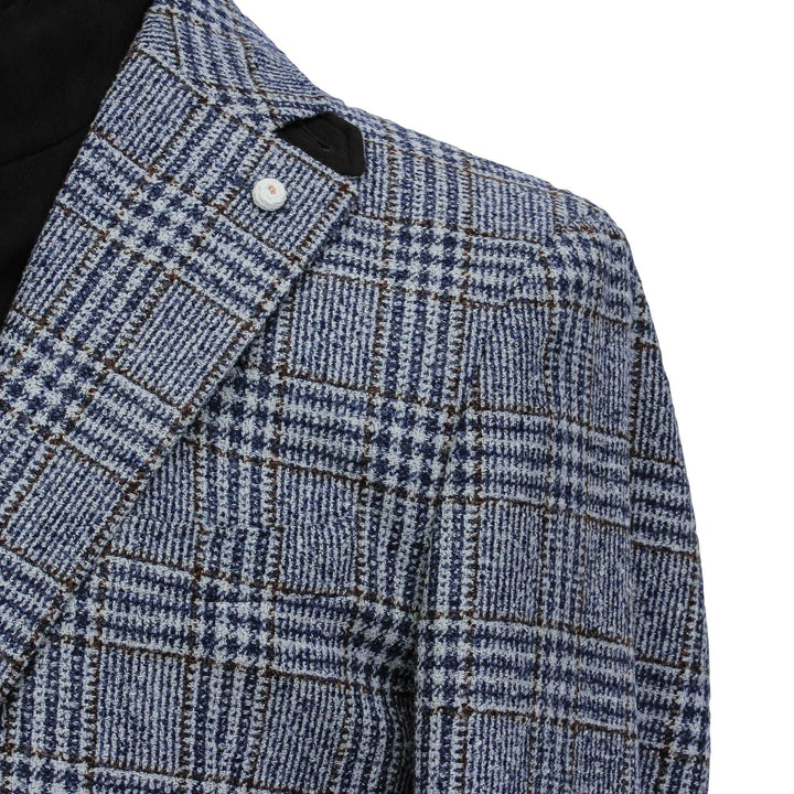 Blue & Brown Prince-of-Wales Wool Hybrid Sport Jacket with Bib - Luigi Bianchi