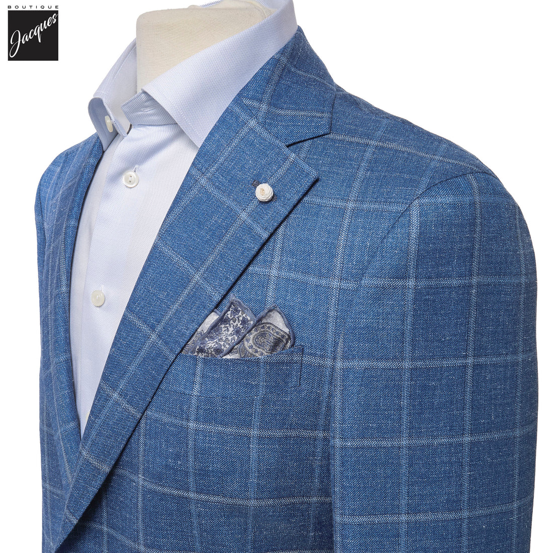 Blue Windowpane Wool/Silk/Linen Dream Fit Sport Jacket - Luigi Bianchi - Boutique Jacques International