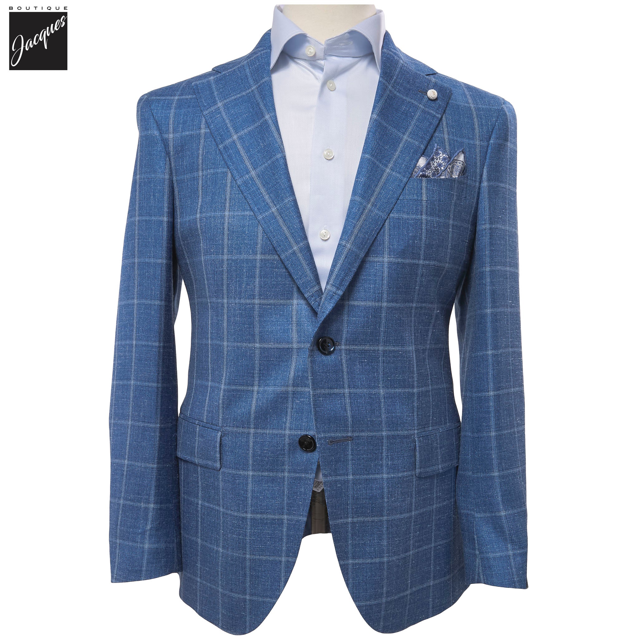 Blue Windowpane Wool/Silk/Linen Dream Fit Sport Jacket - Luigi Bianchi - Boutique Jacques International