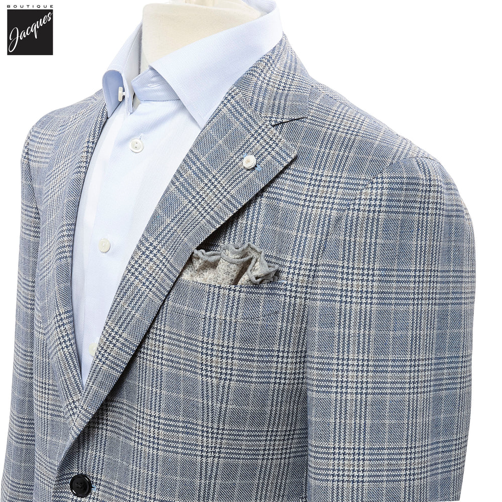 Blue & Beige Prince-of-Wales Silk-Wool Dream Fit Sport Jacket - Luigi Bianchi - Boutique Jacques International
